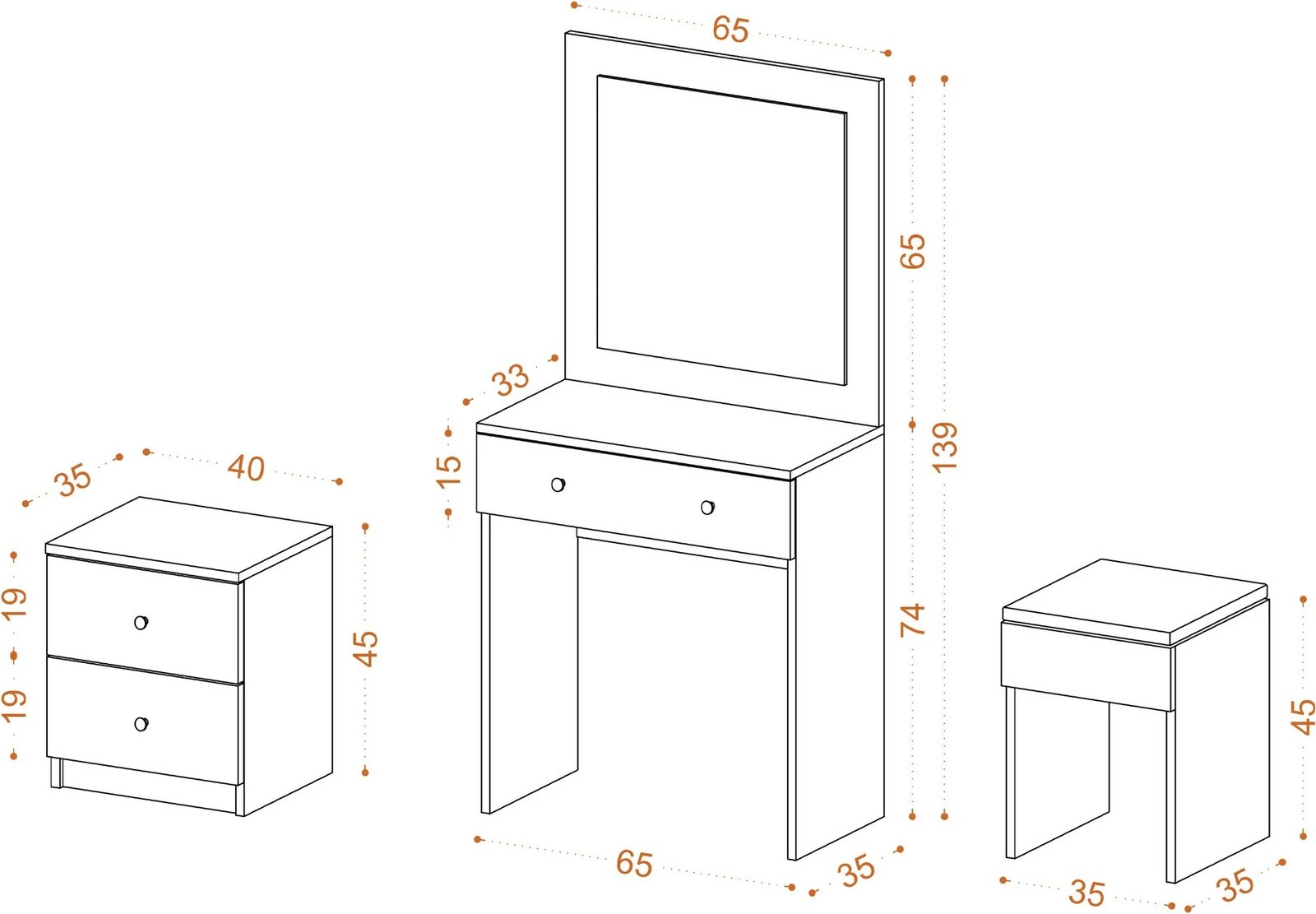 Tavolinë grimi Skye Decor, e bardhë, me komodinë dhe karrige