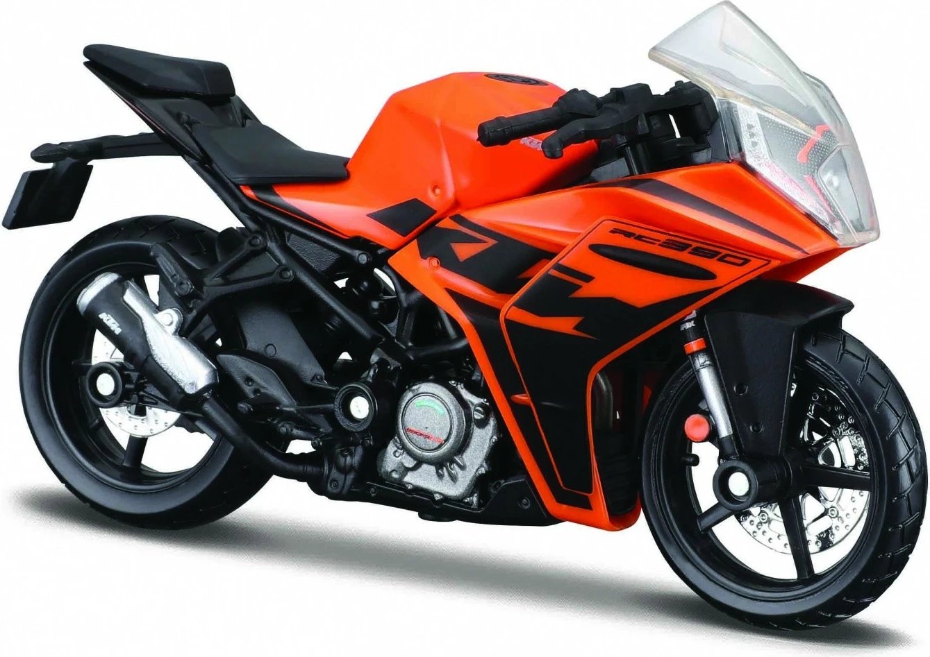 Model metalik motor Maisto KTM RC390, 1:18, portokalli/zi, me bazament