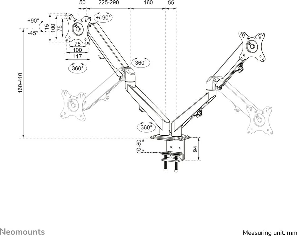 Krah tavoline për monitorë Neomounts Newstar DS70-700BL2, për 2 ekrane, 27 inç, rregullim lartësie me gaz, kapëse, e zezë