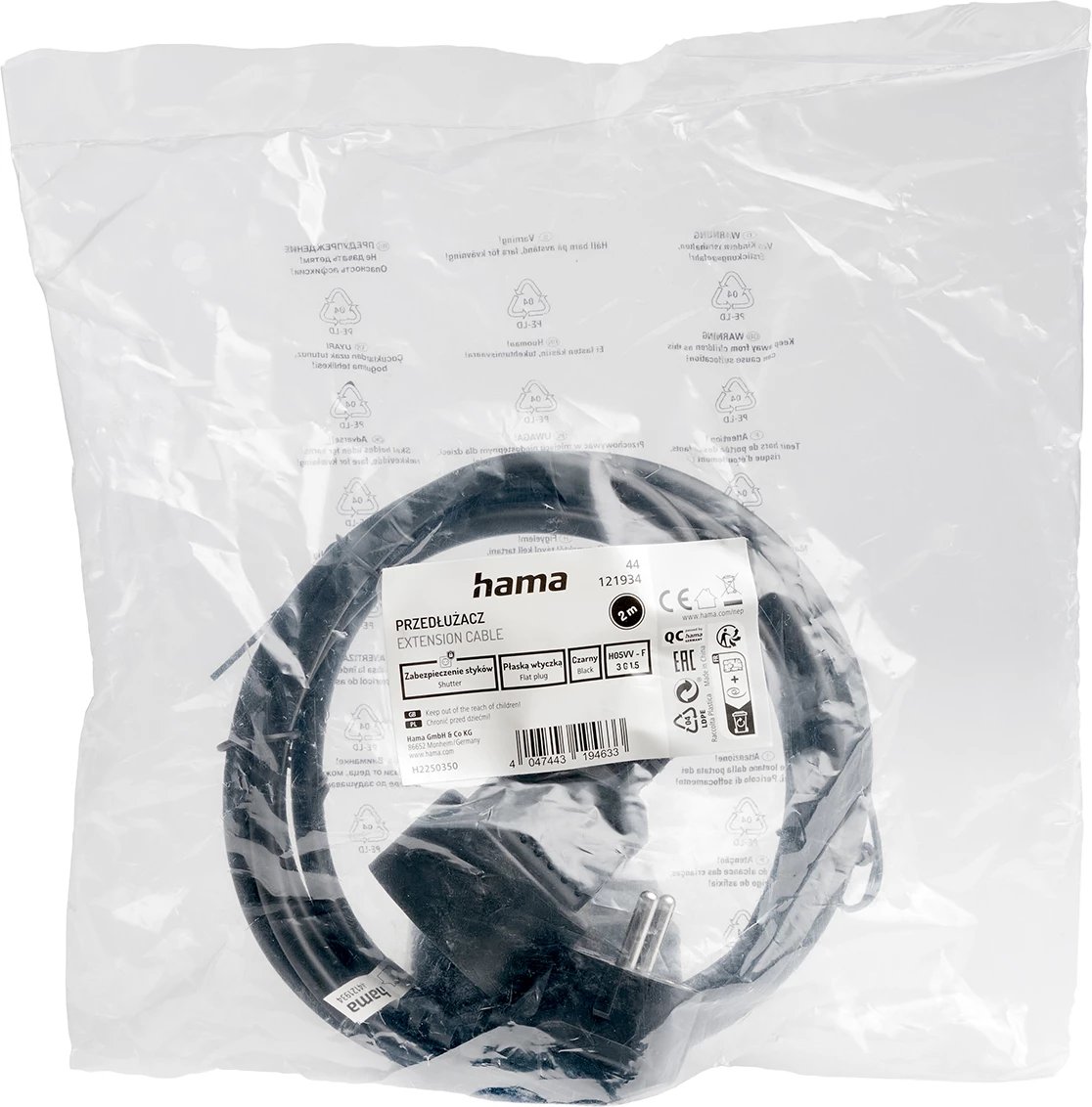 Zgjatues Hama Standard, 2m, plastikë, EU plug, i zi Zgjatues Hama Standard, 2m, plastikë, EU plug, i zi