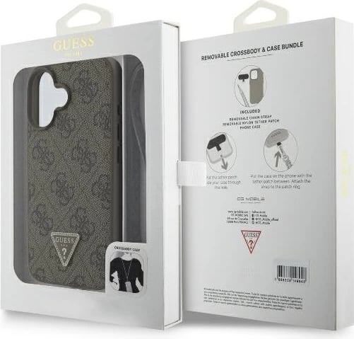 Mbështjellës Guess për iPhone 16, lëkurë, crossbody, kafe