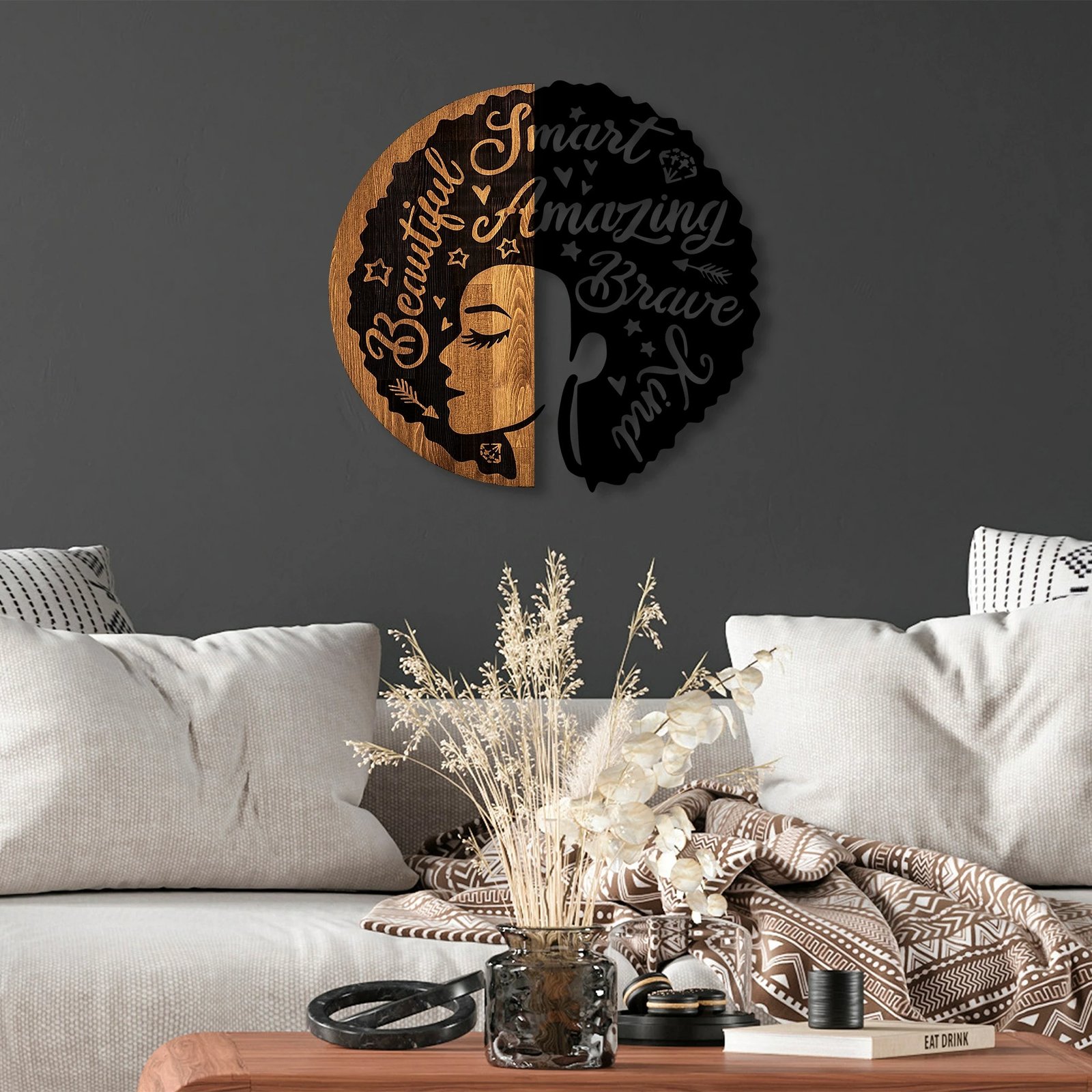 Aksesor dekorativ për mur, dru arre dhe i zi, Wallity, femër, 56x59cm