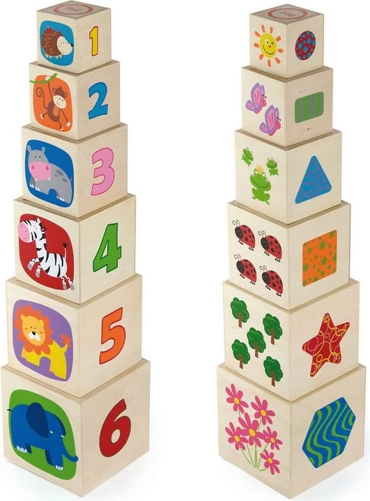 piramidë druri grumbulluese, Viga City, 6 kube, edukative, shumëngjyrëshe