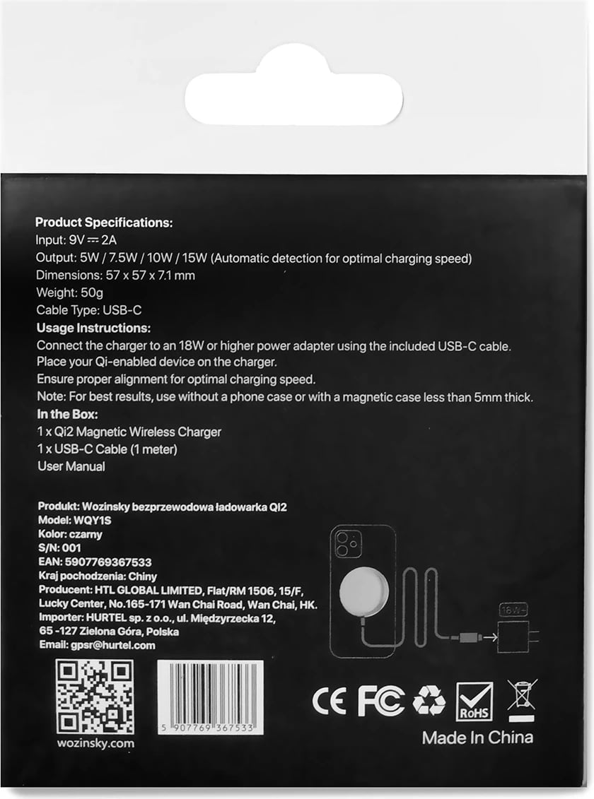 Karikues wireless Wozinsky WQY1S, 15W, Qi2, me kabllo USB-C, i zi
