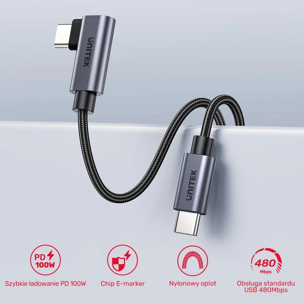 Kabëll USB-C Unitek, 90° PD100W, 1m, zi-gri Kabëll USB-C Unitek, 90° PD100W, 1m, zi-gri
