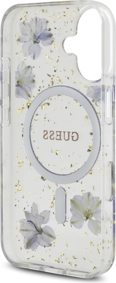 Mbështjellës Guess Resin Flowers Glitter MagSafe për iPhone 16, Vjollcë Mbështjellës Guess Resin Flowers Glitter MagSafe për iPhone 16, Vjollcë