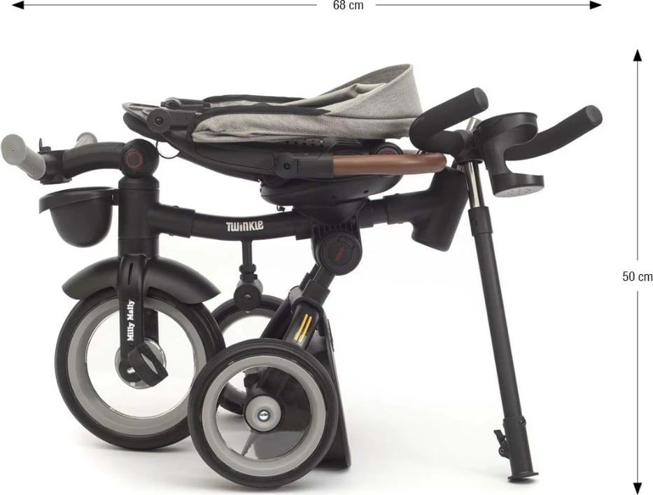 tricikletë për fëmijë, Milly Mally Twinkle, sedilje rrotulluese 180°, timon prindëror i rregullueshëm, dritë LED, kornizë çeliku, gri