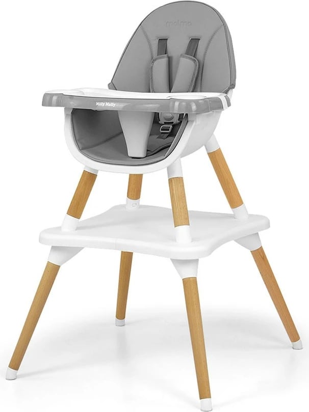 Karrige ngrënie 2‑në‑1 për fëmijë, Milly Mally, Malmo, konvertim karrige e lartë/karrige e ulët + tavolinë, rrip 5‑pikësh, tabaka e heqshme, dru ahu, eco‑lëkurë, gri