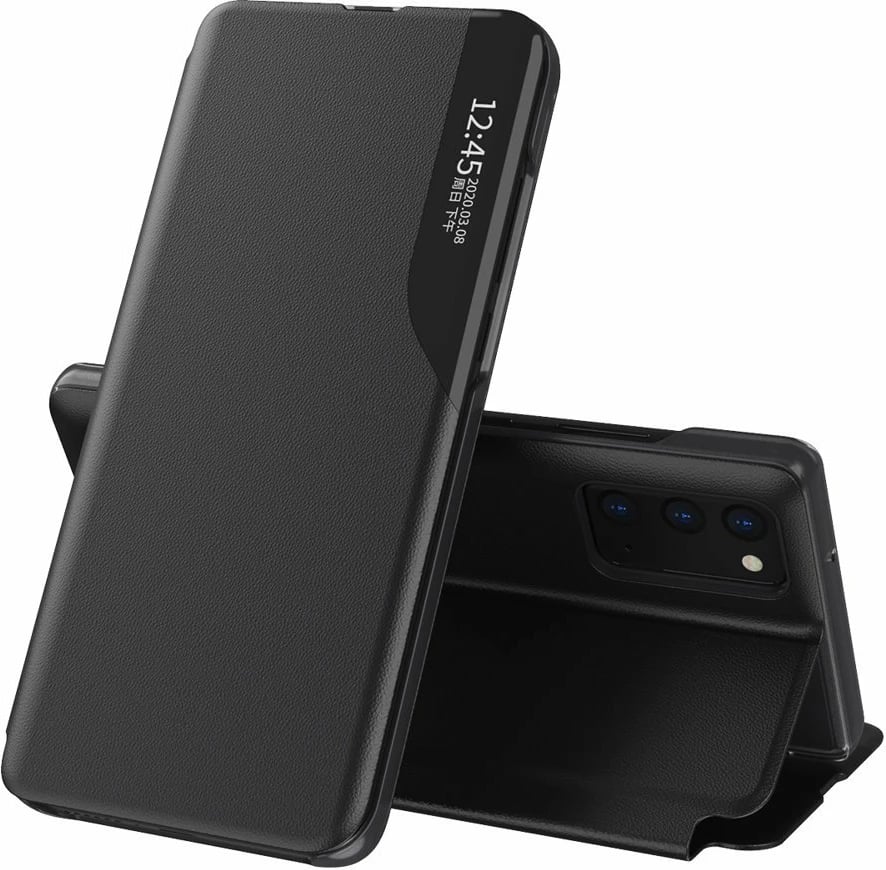 Mbështjellës Hurtel Eco Leather View Case për Samsung Galaxy A72 4G, me kapak dhe qëndrim, i zi