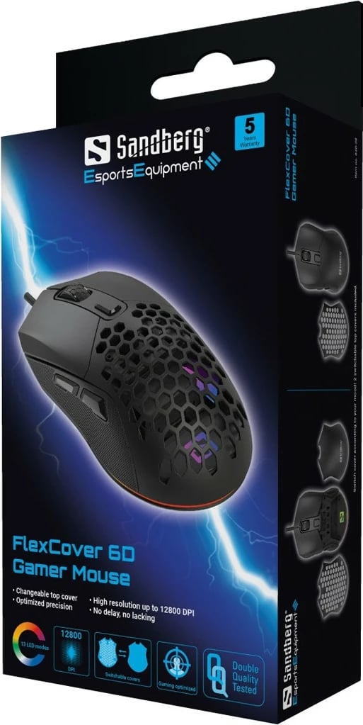 Maus Sandberg FlexCover 6D Gamer, USB Type-A, 12800 DPI, i zi