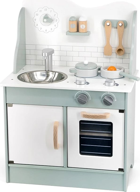 Kuzhinë loje prej druri, Viga, me lavaman metalik, furrë dhe sobë me 2 rrema, me ora dhe butona rrotullues, ngjyrë mint, set me aksesorë
