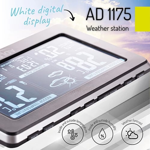 Stacion moti, Adler, AD 1175, ekran LCD i bardhë, matje temperaturë/lagështi brenda & jashtë, parashikim moti, alarme x2, sinjalizim temperature x2, sondë e jashtme 433.99 MHz, zi/argjendtë