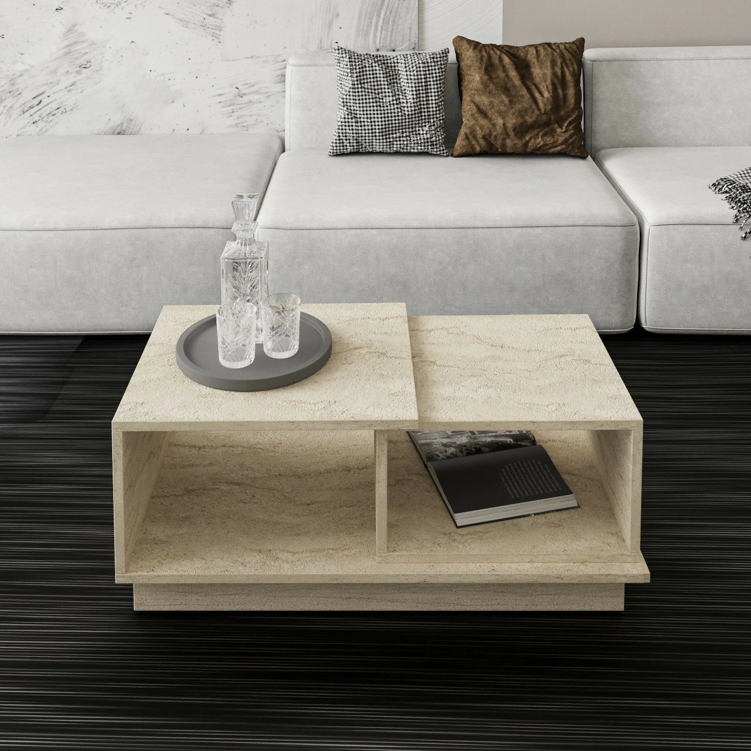 Tavolinë kafeje Hanah Home, koncept mermeri, ngjyrë travertin