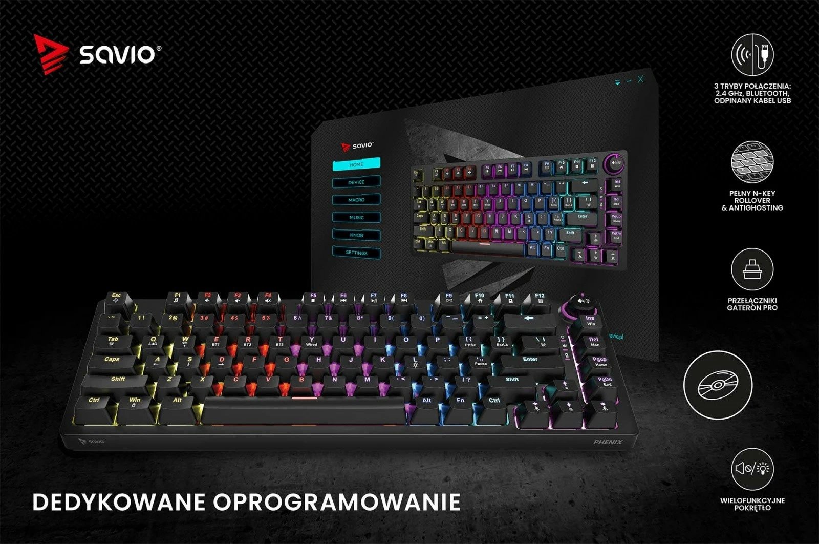 Tastierë mekanike wireless Savio Phenix, Gateron Red Pro, 82 taste, RGB, e zezë Tastierë mekanike wireless Savio Phenix, Gateron Red Pro, 82 taste, RGB, e zezë