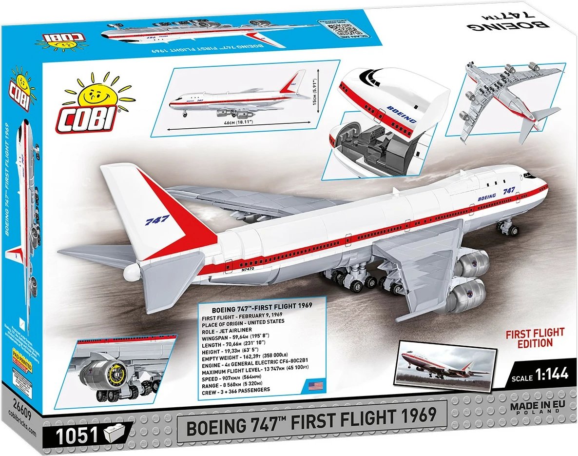 Set ndërtimi Cobi Boeing 747 First Flight 1969, 1051 pjesë, plastikë, ekstra i madh