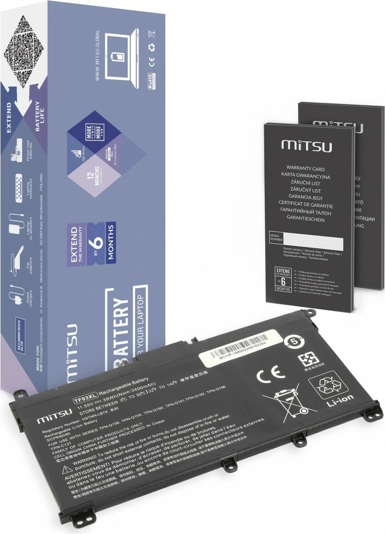 Bateri laptopi Mitsu për HP Pavilion 14 15, 3400 mAh, 11.55V, e zezë