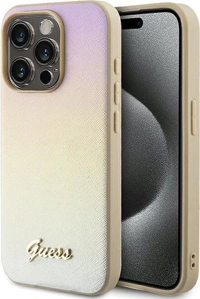 Mbështjellës Guess Saffiano Iridescent Script për iPhone 14 Pro, Gold
