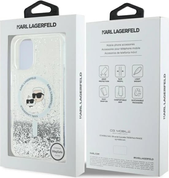 Mbështjellës Karl Lagerfeld Liquid Glitter Karl & Choupette Head MagSafe për iPhone 16 Plus, Transparent