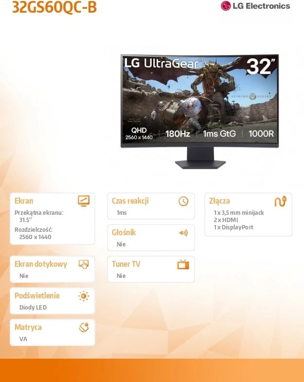 Monitor LG 32GS60QC-B UltraGear, 31.5", QHD, 180Hz, 1ms, i zi