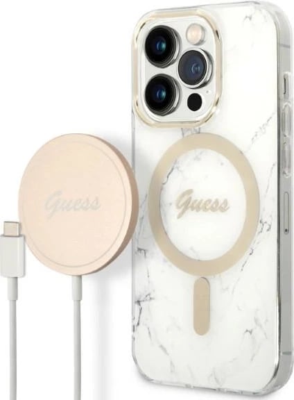 Mbështjellës Guess Marble me MagSafe dhe karikues wireless, për iPhone 14 Pro 6.1", Bardhë