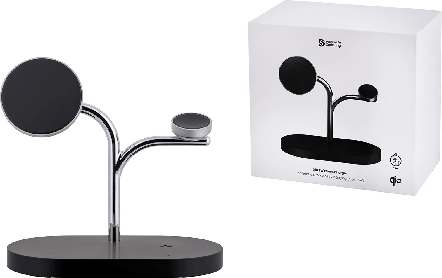 Karikues wireless Samsung GP-PWU024WIABW, për smartwatch, celular, kufje, 15W, USB Type-C, zi/argjendtë