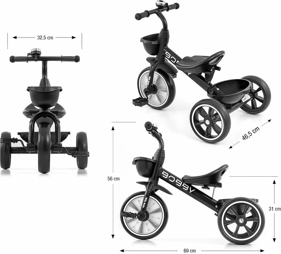 tricikletë fëmijësh, Milly Mally Bobby, kornizë çeliku, rrota EVA, pedale të heqshme, dy shporta, e zezë