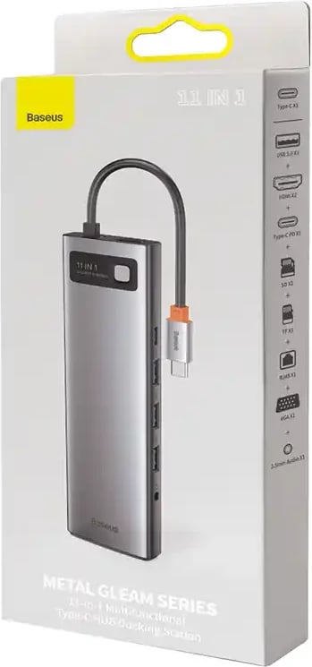Kasë Baseus Metal Gleam Series CAHUB-CT0G, 11 porte, USB-C, HDMI, VGA, RJ45, Gri
