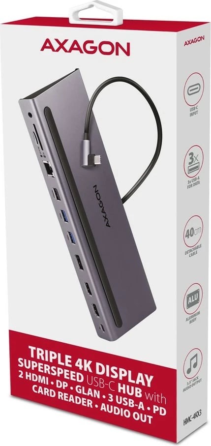 Kasë AXAGON HMC-4KX3 multiport USB 11-në-1, 5Gbps, 3x USB-A, 2x HDMI 4K/60Hz + DP 4K/60Hz + GLAN + SD/microSD + audio, 100W PD, kabllo USB-C 40cm, Gri