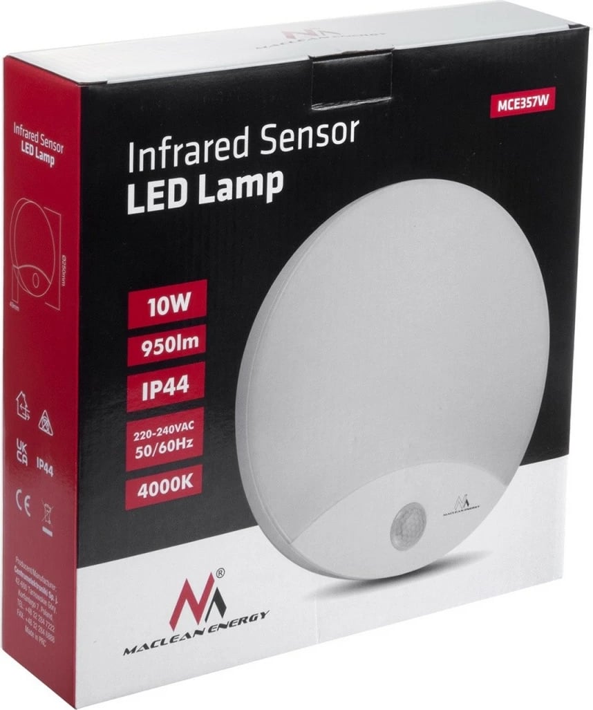 Lampë LED me sensor lëvizjeje Maclean MCE357W 10W 900lm 4000K IP44, e bardhë