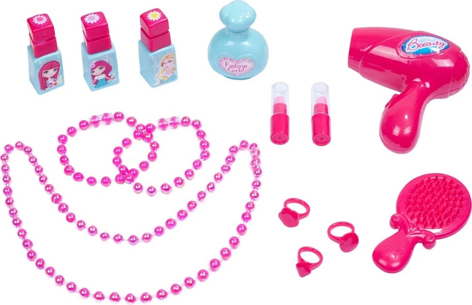 set tualeti fëmijësh 2-në-1 në valixhe, BABY MIX, me pasqyrë me dritë e tingull, aksesorë lojë, rozë