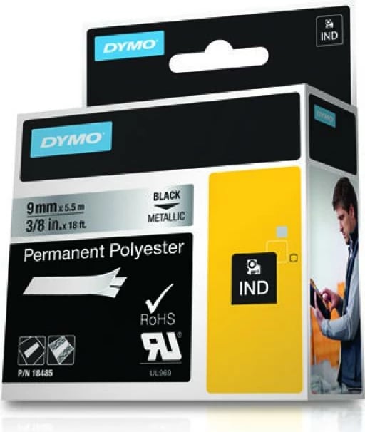 shirit etiketimi industrial, Dymo, 18485, poliester i përhershëm 9mm x 5.5m, i zi metalik
