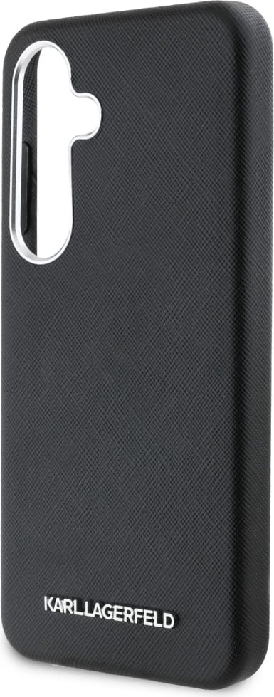 Mbështjellës Karl Lagerfeld Saffiano Full Wrapped Elongated Metal Logo MagSafe për Samsung Galaxy S25+, i zi