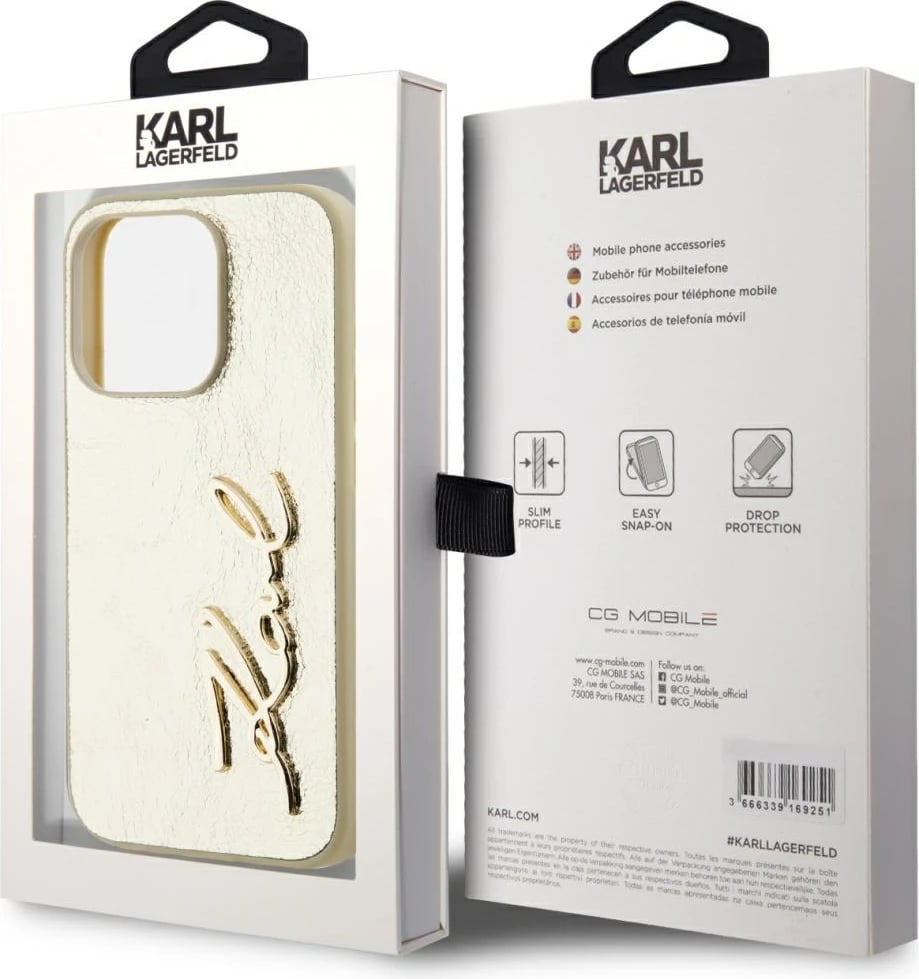 Mbështjellës Karl Lagerfeld Wrinkled Metal Signature për iPhone 15 Pro Max, Gold