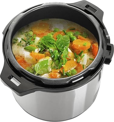 Olla me presion elektrike Camry CR 6409, 6L, 1000W (max 1500W), 8 programe, tas çelik inox SUS304 i heqshëm, timer dhe vonesë nisje, mbajtje ngrohtë, argjendtë/zezë