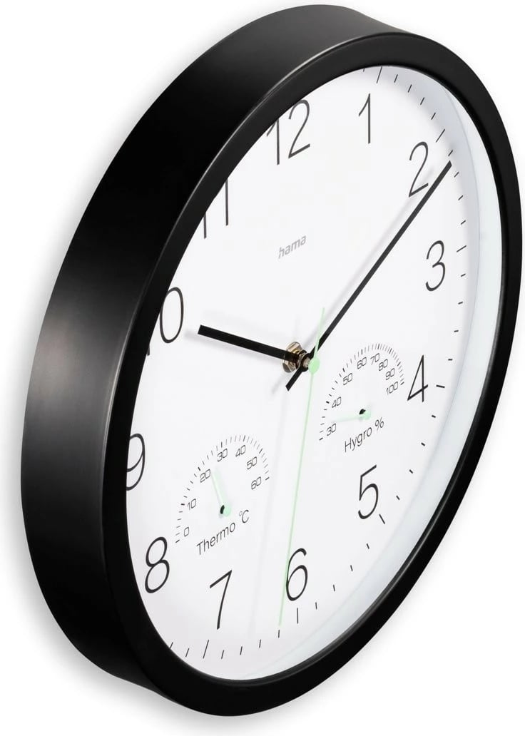 Orë muri, Hama, 185885, 30 cm analog me higrometër dhe termometër, e zezë