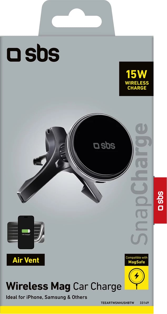 Mbajtës magnetik me karikues wireless SBS TESUPMAGWIR15W për ventilator të makinës, MagSafe, i zi