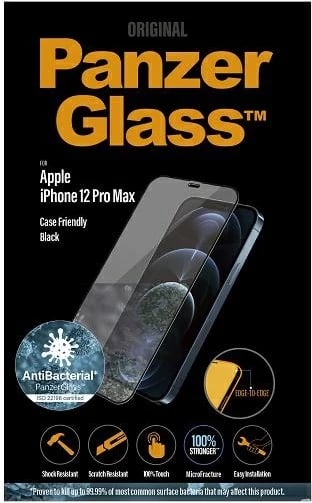 Xham mbrojtës PanzerGlass E2E Super+ Microfracture për iPhone 12 Pro Max, antibakterial, kornizë e zezë
