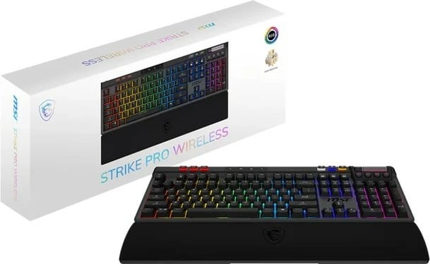 Tastierë MSI STRIKE PRO W SILENT US mekanike, tri-mode 2.4 GHz/Bluetooth/USB, RGB me tast për tast, hot-swap 5-pin, keycaps PBT, rrotë e mençur, bateri 4200 mAh, me mbështetëse kyçi, e zezë