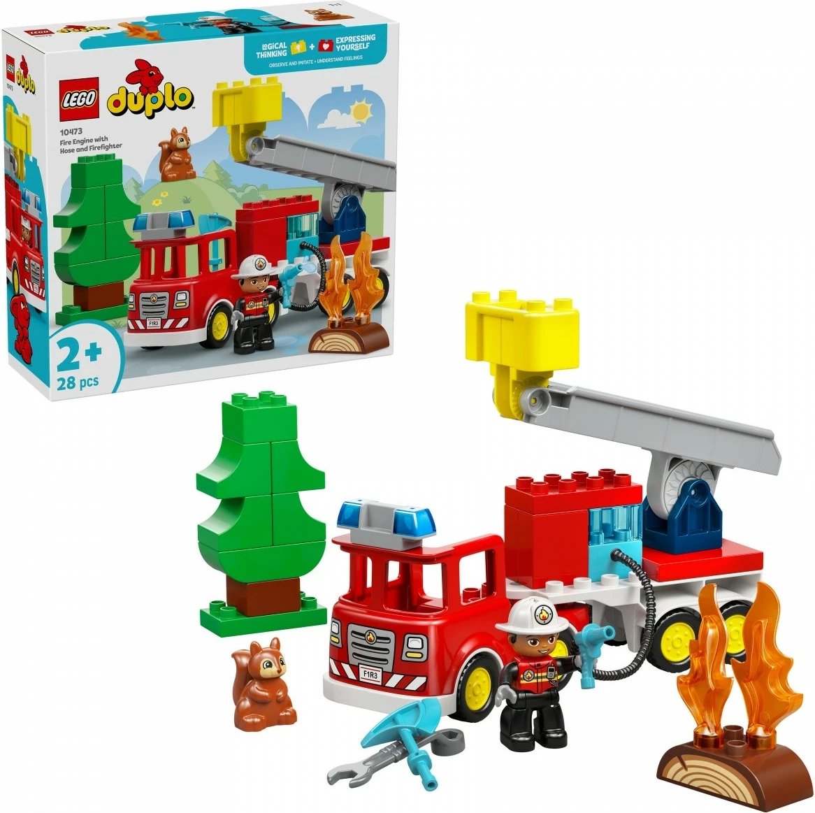 Set blloqe ndërtimi, LEGO DUPLO, 10473, kamion zjarrfikës me zorrë dhe figurë zjarrfikësi, 28 pjesë