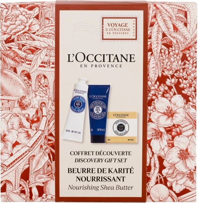Set për kujdes të lëkurës L'Occitane Shea Butter Hand Cream 30ml + Shea Butter Ultra Rich Body Cream 20ml + Shea Milk Extra Rich Soap 100g për femra