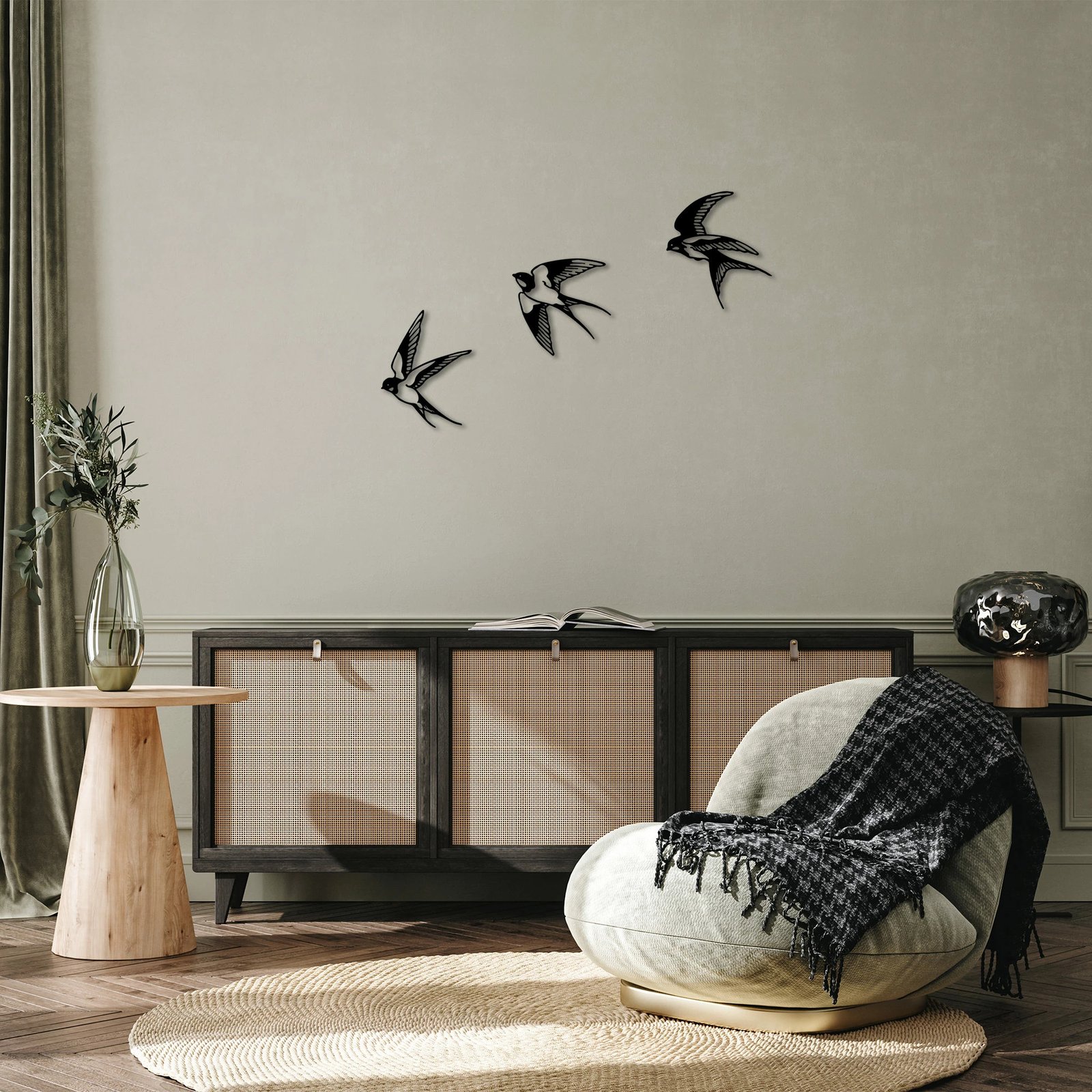 Aksesor dekorativ metalik për mur, dallëndyshe, 3 copë, Wallity - 294