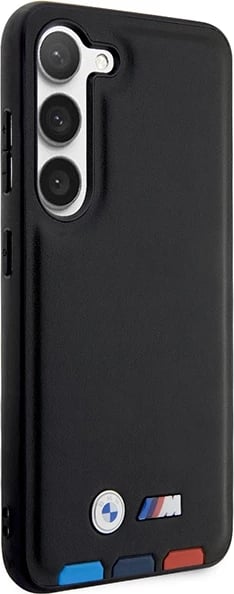 Mbështjellës BMW Leather Stamp Tricolor për Samsung Galaxy S23+, lëkurë, e zezë