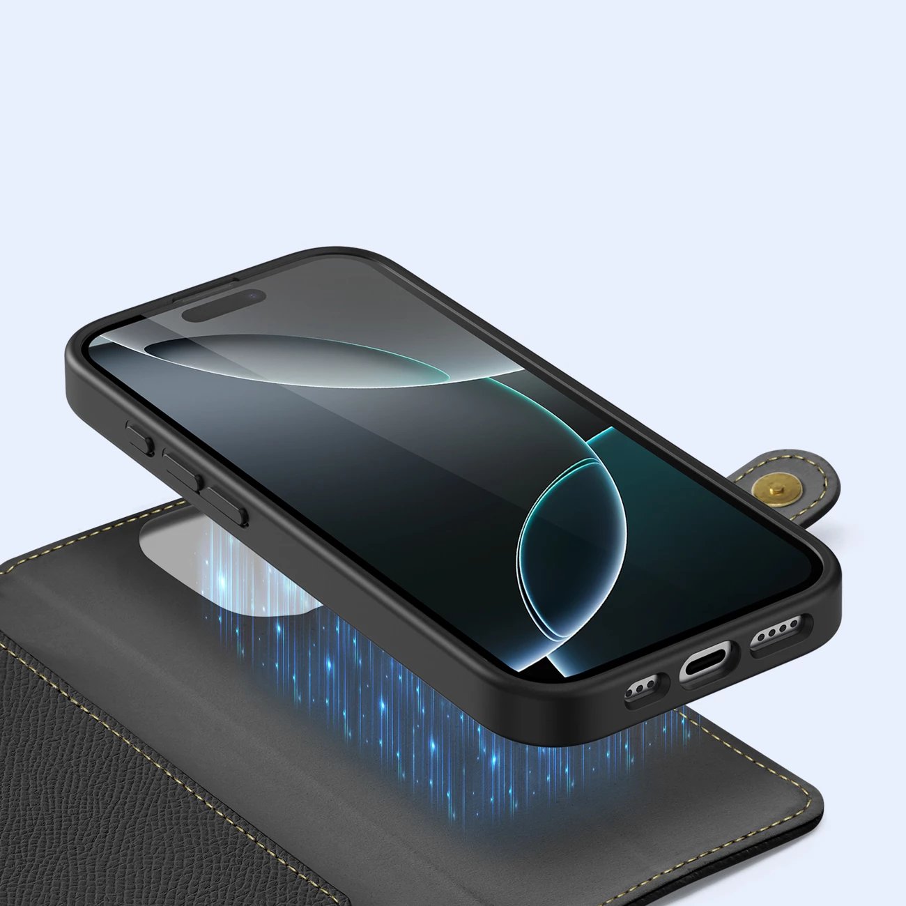 Mbështjellës Dux Ducis Lawa për iPhone 16 Pro, lëkurë, me portofol magnetik, i zi