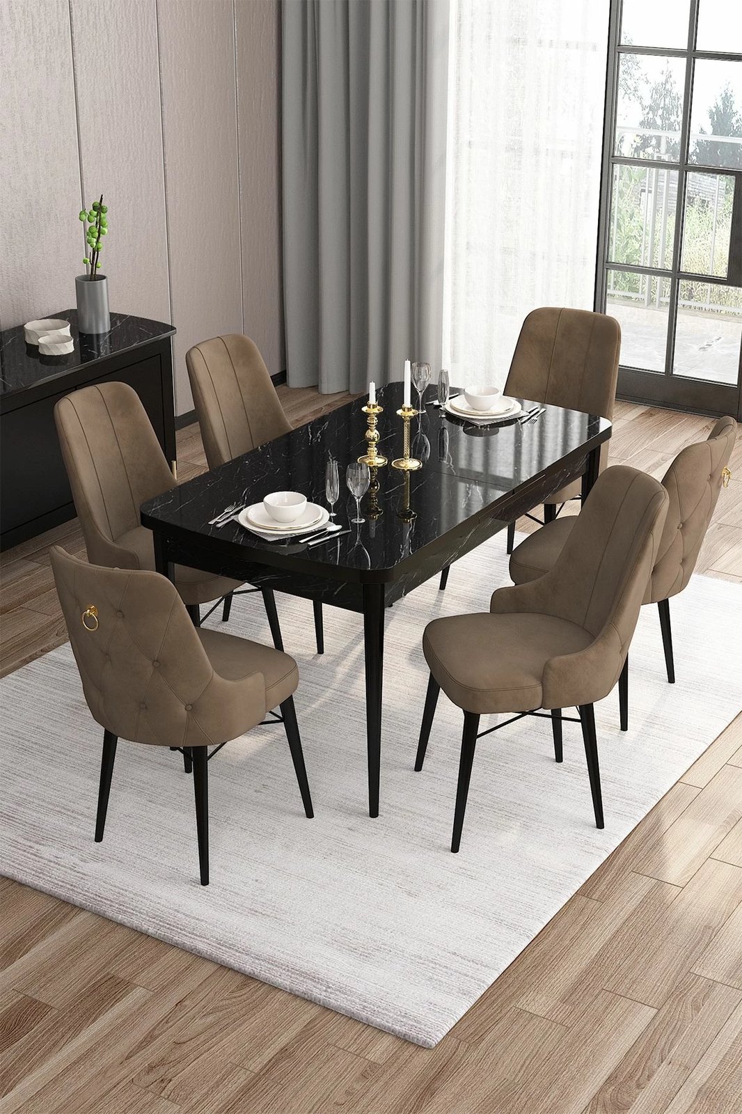 Set tavoline me karrige për ngrënie, zgjatues, 7 pjesë, Skye Decor, mermer i zi, kafe