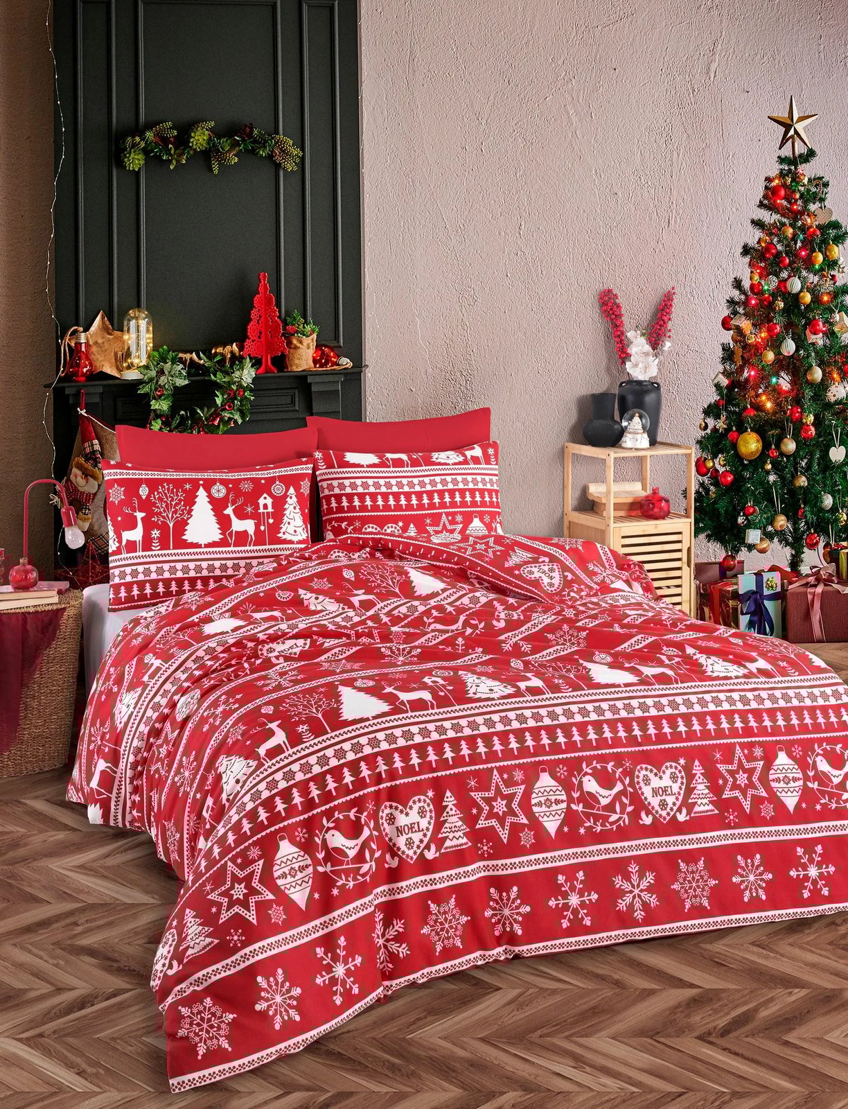 Set mbulesë për jorgan king size, L'Essentiel Linge de Maison, Snowmas, ngjyrë e kuqe e thellë dhe e bardhë