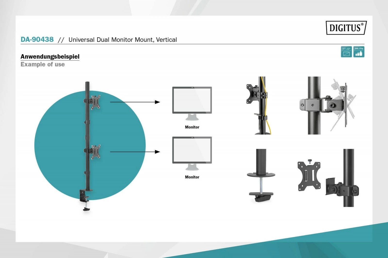 Kasë tavoline për 2 monitorë Digitus DA-90438, montim vertikal, deri 32", e zezë mat
