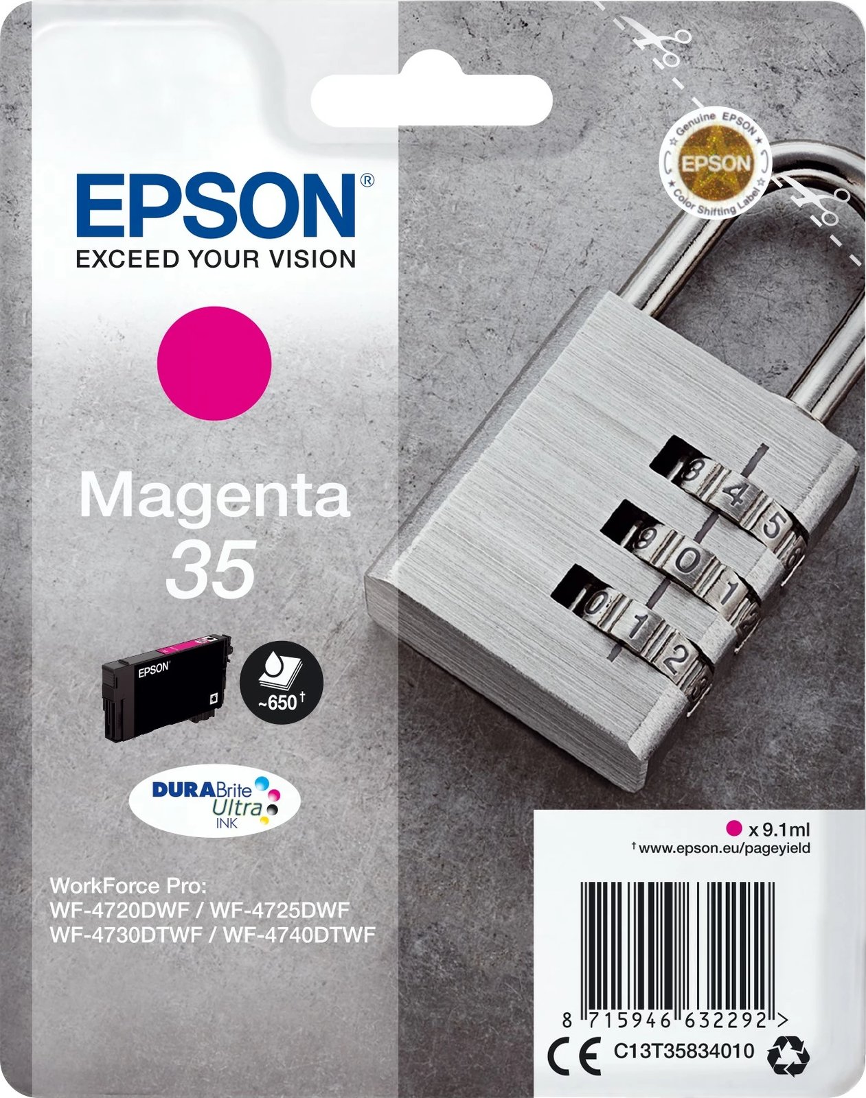 Toner Epson Padlock Singlepack Magenta 35 DURABrite Ultra Ink, 9.1 ml, 650 faqe