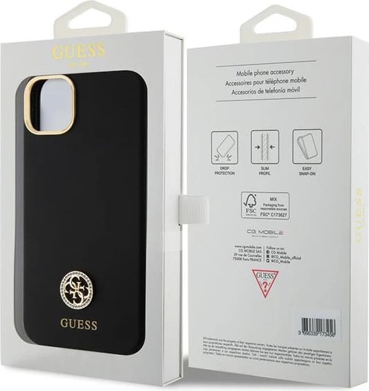 Mbështjellës Guess Silicone Logo Strass 4G për iPhone 15 Plus / 14 Plus 6.7", Zi