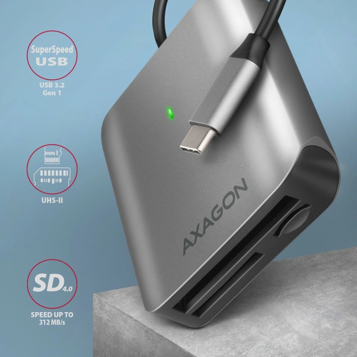 Lexues kartelash AXAGON CRE-S3C, USB-C, 3 slote, alumini, Gri