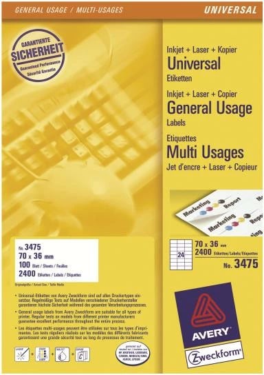 Etiketa universale, Avery Zweckform 3475, 70 x 36 mm, A4, 24 etiketa/fletë, 100 fletë, 2400 etiketa, e bardhë